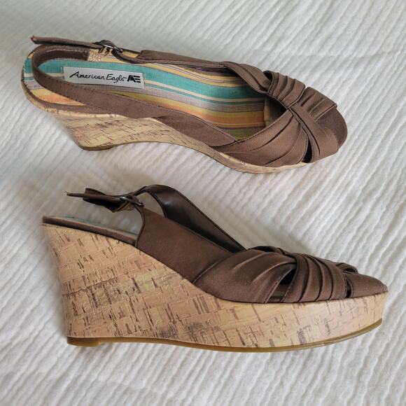 American Eagle Womens 7 Brown Cork Wedge Heel Sandals Slingback Boho Shoes - Picture 1 of 7